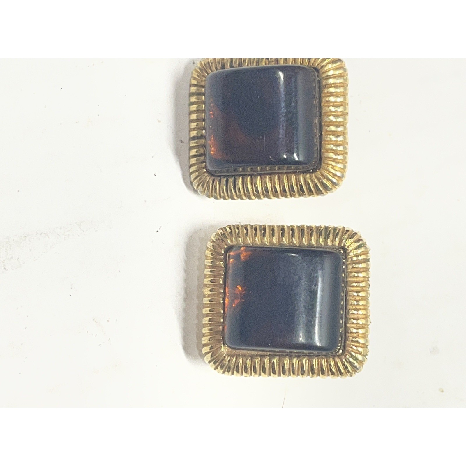 Vtg Cabochon Root Beer Lucite Gold Trim Square Earrings